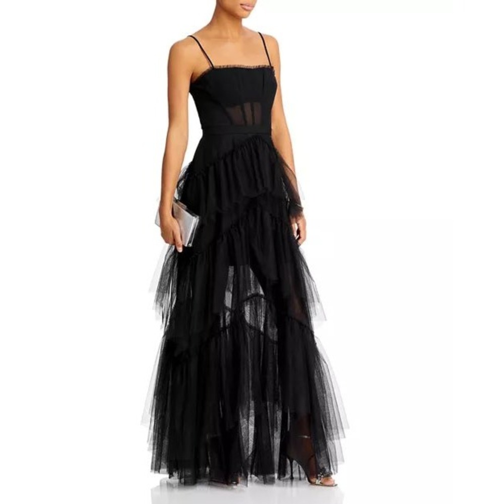 BCBGMAXAZRIA Oly Gown Black Tulle Tiered Corset Mesh Formal Dress